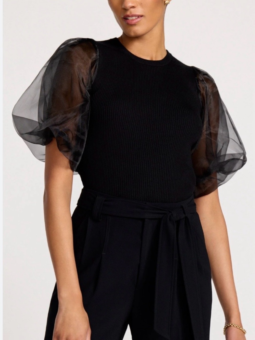 ASTR Organza Puff Sleeve Black Knit Open Back Blouse Top size XS